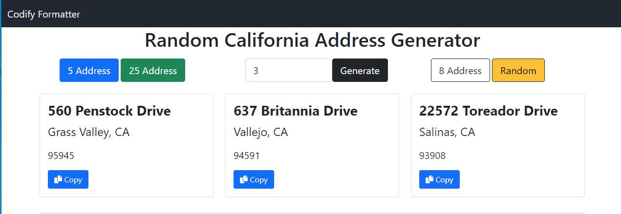 Random California Address Generator Online Free tool - Codifyformatter